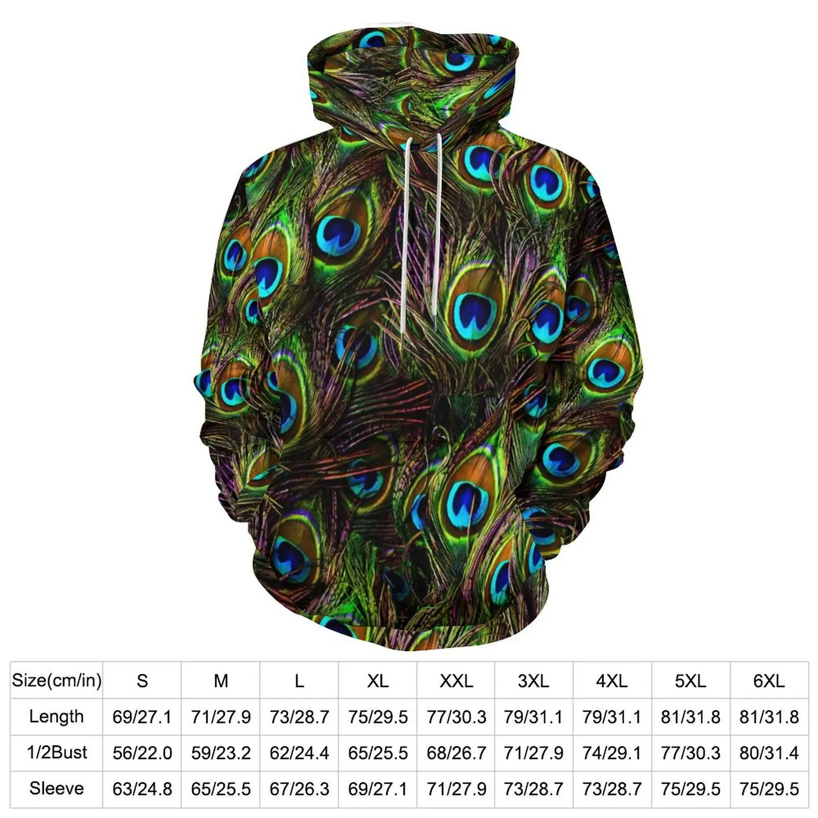 Peacock Feather Loose Hoodies Animal Print Casual Pullover Hoodie Men Long Sleeve Y2k Design Hooded Sweatshirts Big Size 4XL 5XL