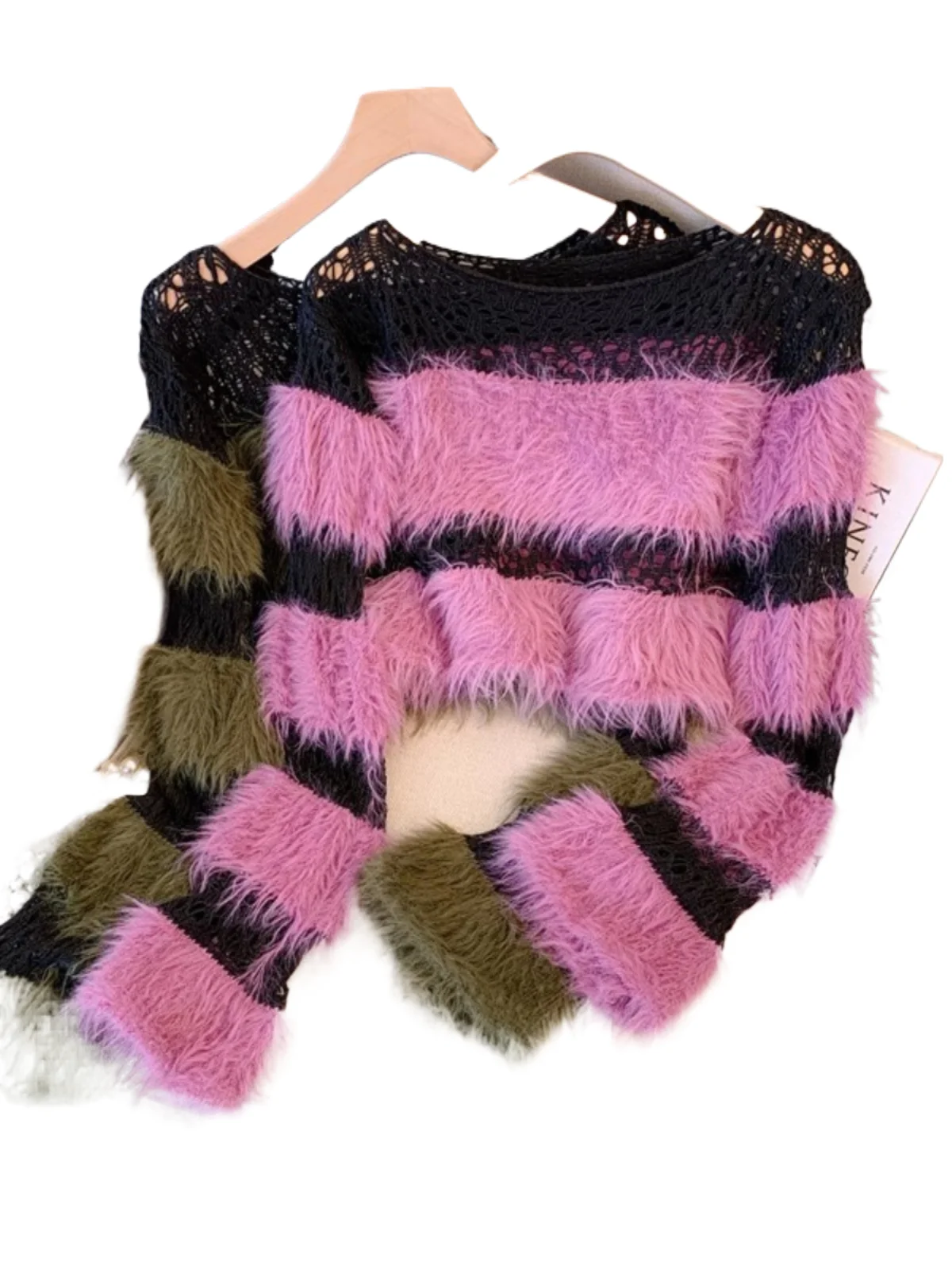 

Hollow Out Spliced Sweater Women Spring Autumn Off Shoulder Striped Knit Long Sleeve Top Soft Mohair Short Loose Pullover