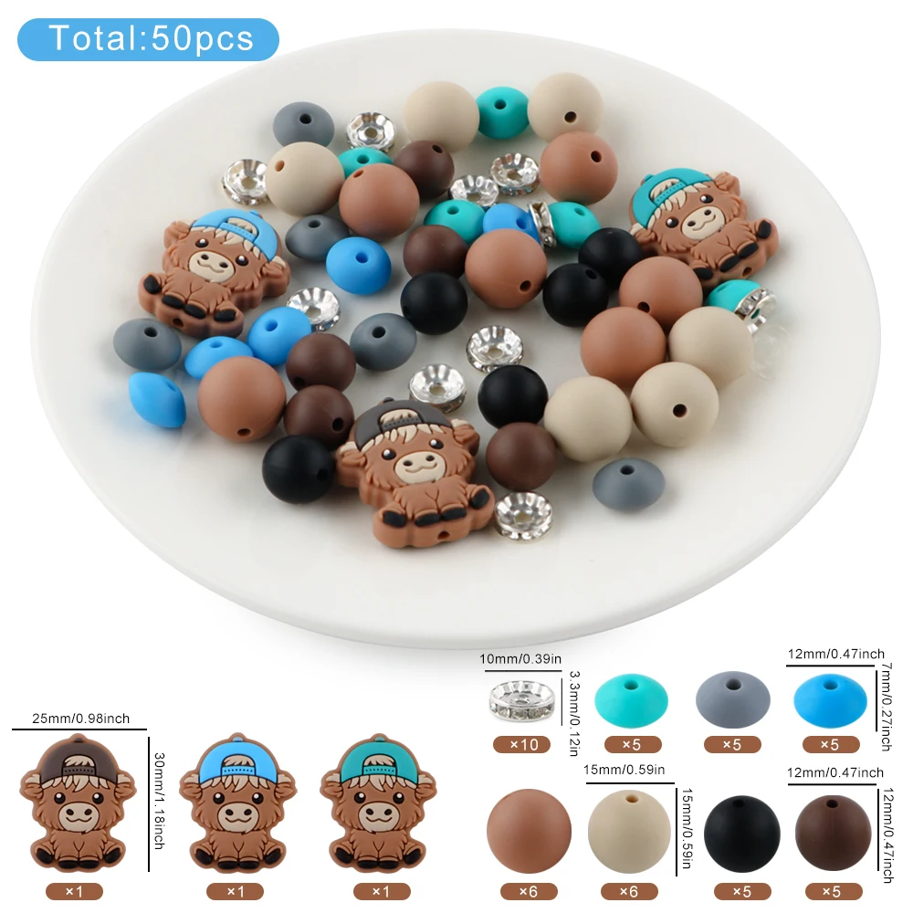 50Pcs Animal Round Silicone beads Focus Beads Set For Jewelry Making DIY KeyChain Pen Bracelet Necklace Accessories
