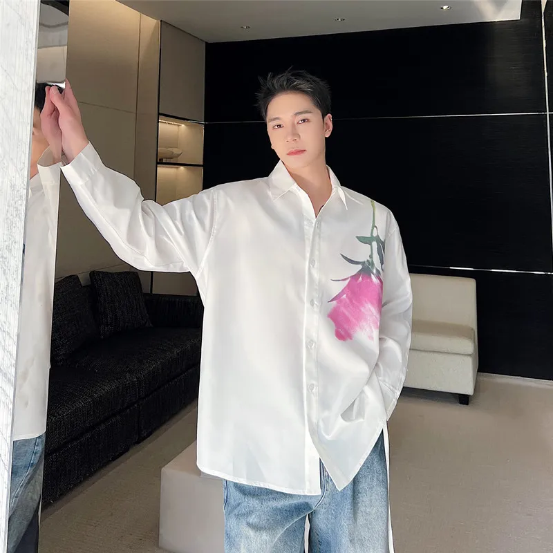 

Spring 2025 Men's Long Sve irt Casual Rose Print Luxury Feel Loose Fit Youthful Sle Four Seasons Versatile Faionable...