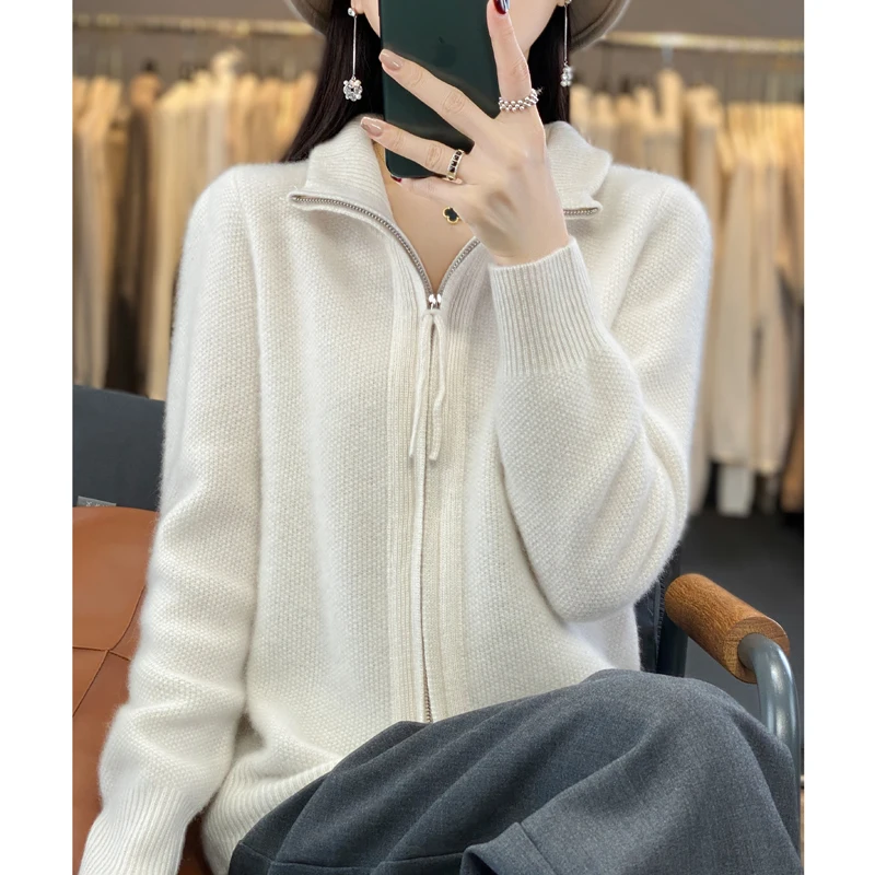 Autumn And Winter New Thick Two-Way Zipper Wool Cardigan Women\'s Loose Casual Sweater Solid Color Knitted Cashmere Coat