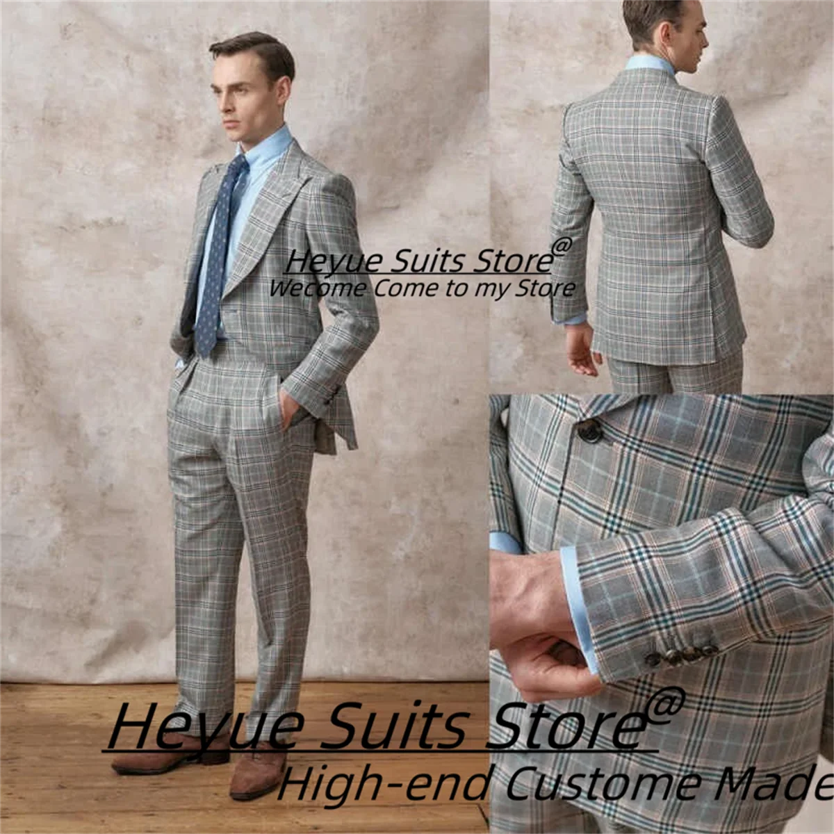 

Business Plaid Men Suits Customized Slim Fit Peak Lapel banquet Tuxedos 2 Pieces Sets Male Party Blazes Classic Costume Homme