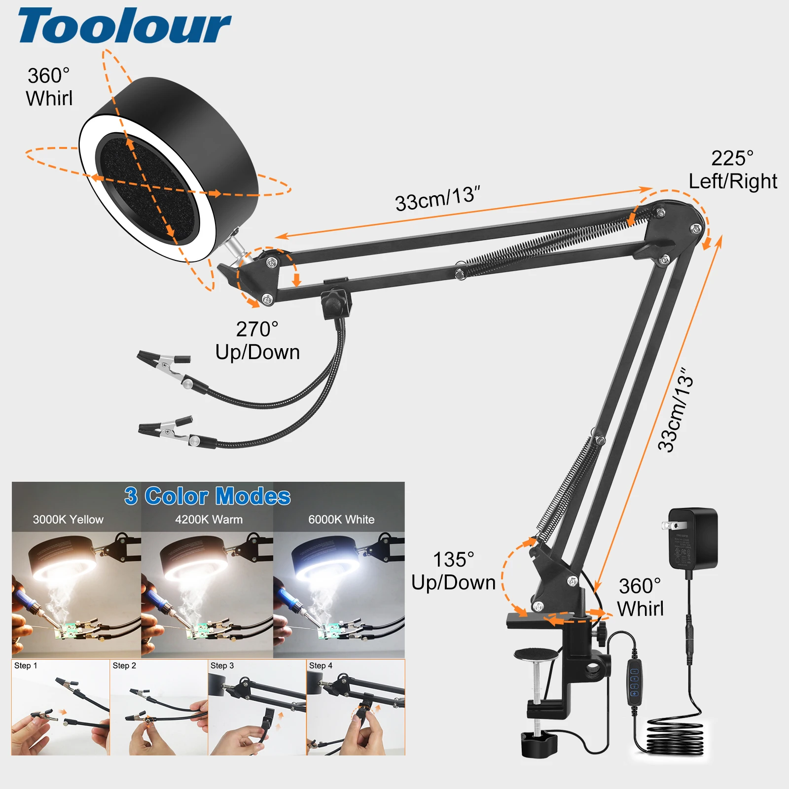 Toolour ventilatore per estrattore di fumo per saldatura con luce a LED 2 bracci flessibili in metallo saldatura che aiuta le mani per la saldatura