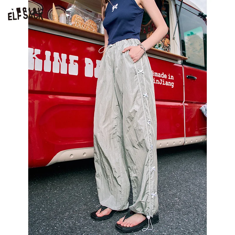 

ELFSACK 2024 Summer New Arrivals Bow tie American casual pants for women, straight leg drawstring pants