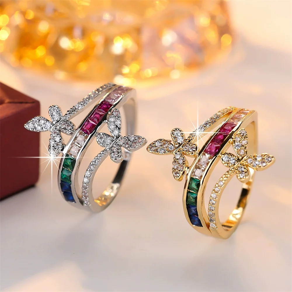 Rainbow Zircon Small Square Stone Double Butterfly Rings For Women Gold Silver Color Wedding Bands Engagement Party Jewelry Gift