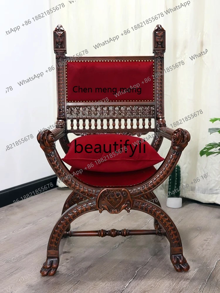 

French style, retro solid wood, classic leisure chair, medieval old, master chair, book table and chair H
