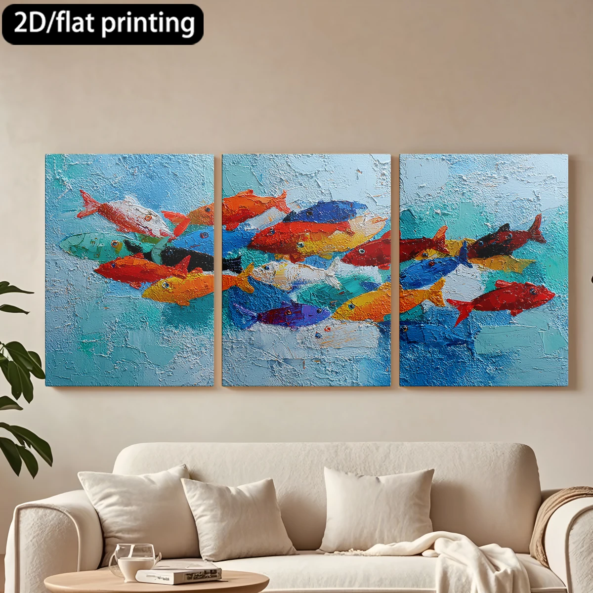 

2D flat printing 3pc wooden frame canvas decorative painting School of colorful fish painting.Corridor bedroom decoration