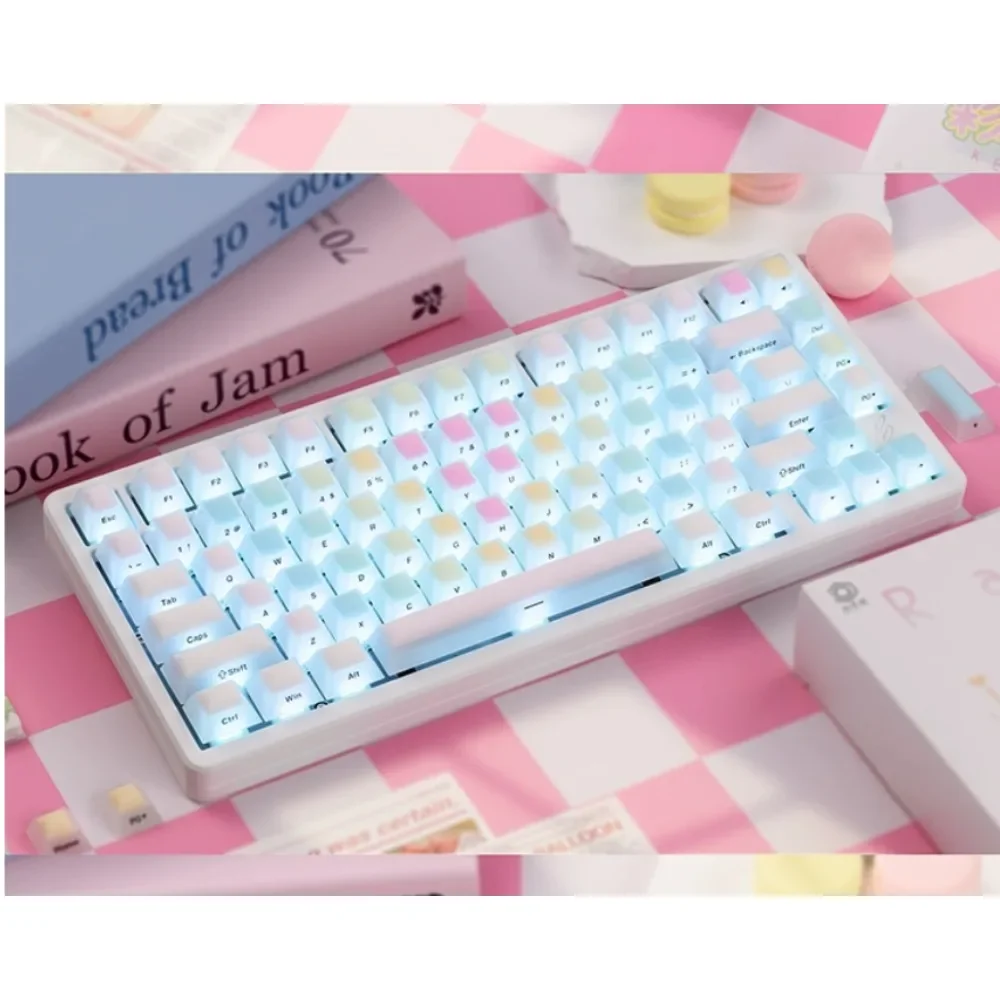 OSHIDxWomier 124pcs Key Caps Rainbow Fudge Design Cherry Profile Translucent Small Full Set Macron Style Cute for Keyboard Girl