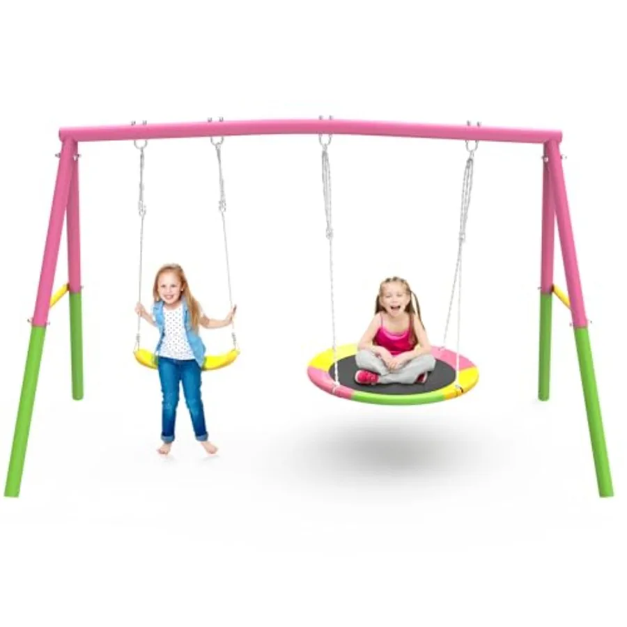 

Outdoor Swing Set for Backyard with Heavy Duty Metal Stand Pink 440lbs Capacity Includes 1 Saucer 32 1 Belt Seat 26.2 Ideal for