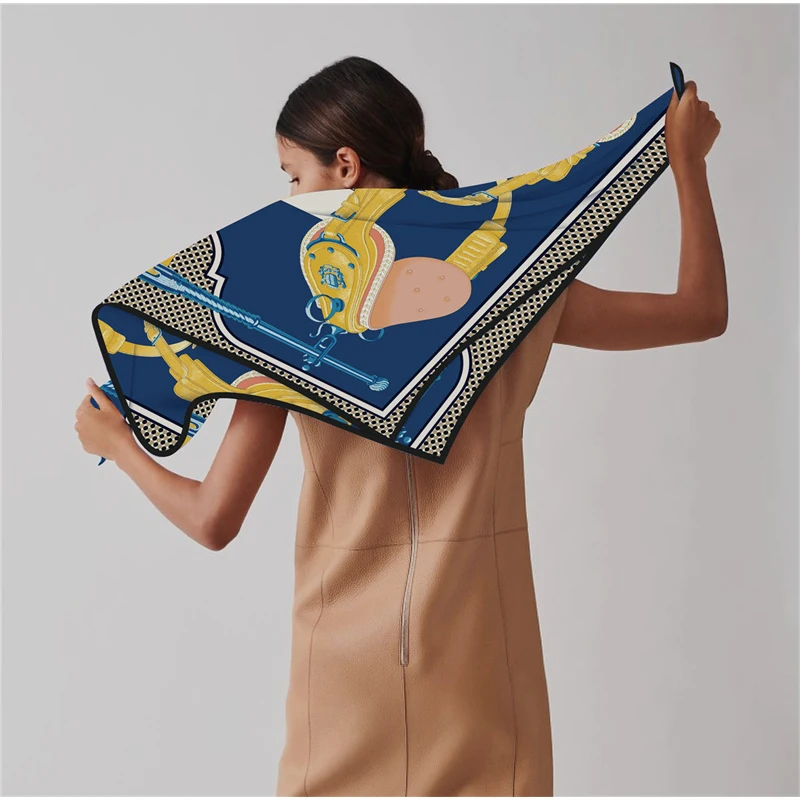 Silk Scarf Women Carriage Print Square Scarves Head Echarpes Silk Foulards Femme Wraps Beach Shawls Bandana Lady Hijabs 90CM