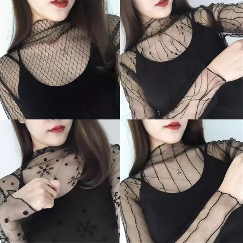 Sexy Women Lace Mesh T-Shirts See-Through Perspective T-Shirts Lady Long Sleeve Sunscreen Tops Summer Party Bottoming Shirts