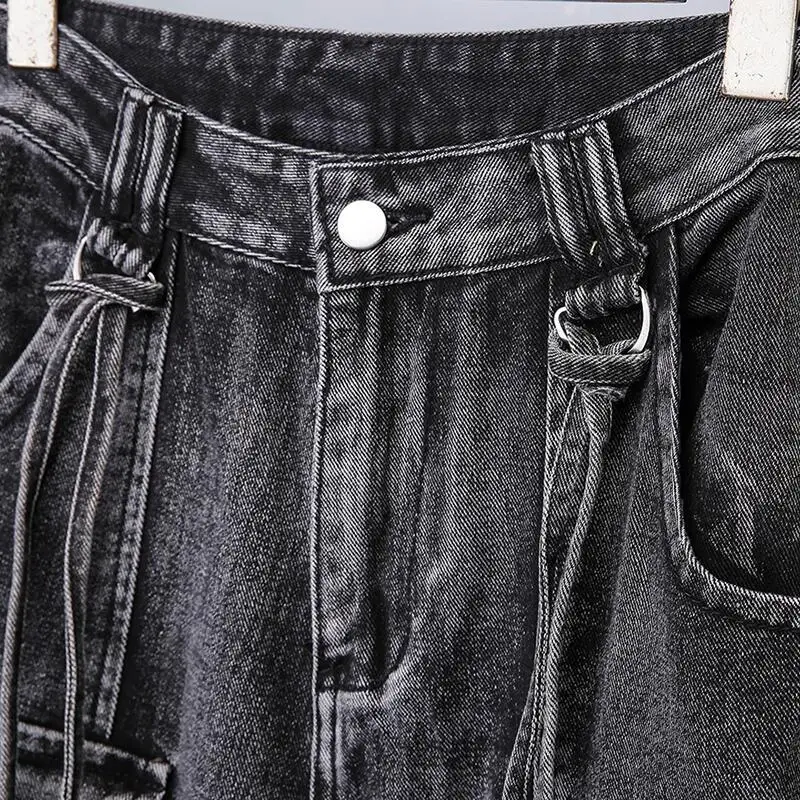 MWJLPWQ Uique Washed Vintage Punk Rivet Jeans Men's Fuctional Multi-Pocket Streetwear Tide Loose Straight-Leg Cargo Pants 12092