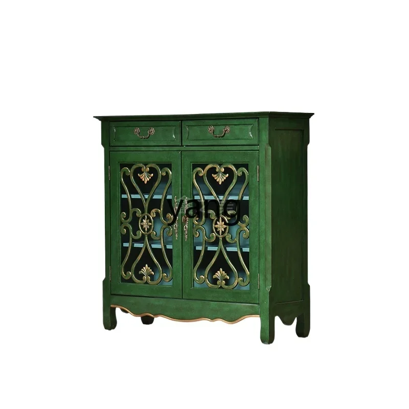 Yjq American country hollow side cabinet retro drawer storage solid wood porch Mediterranean style locker