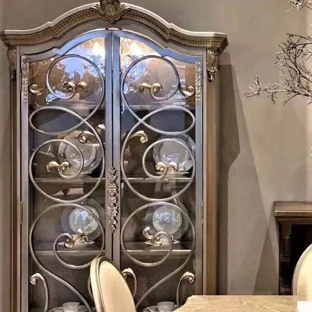 كابينة النبيذ الخشبية الصلبة الريفية الأمريكية وفن جديد Doub le Door Gl Ass Anti Que Cab Net #5