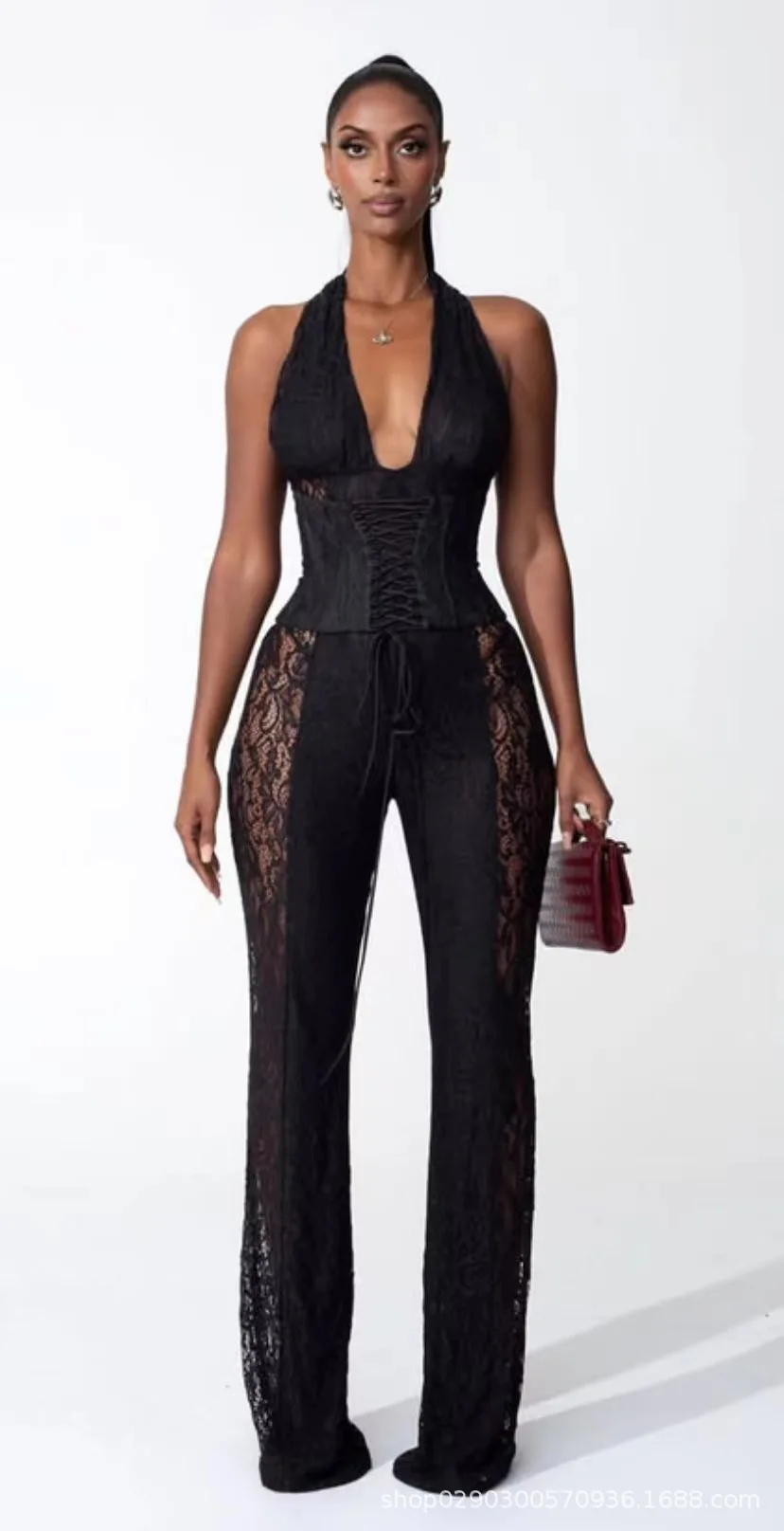 

Sexy Lace Tops Two Piece Pant Set 2025 Women Summer Elegant Luxury Clothes Club Wear Halter Corsets 2 Piece Pant Sets Outfits