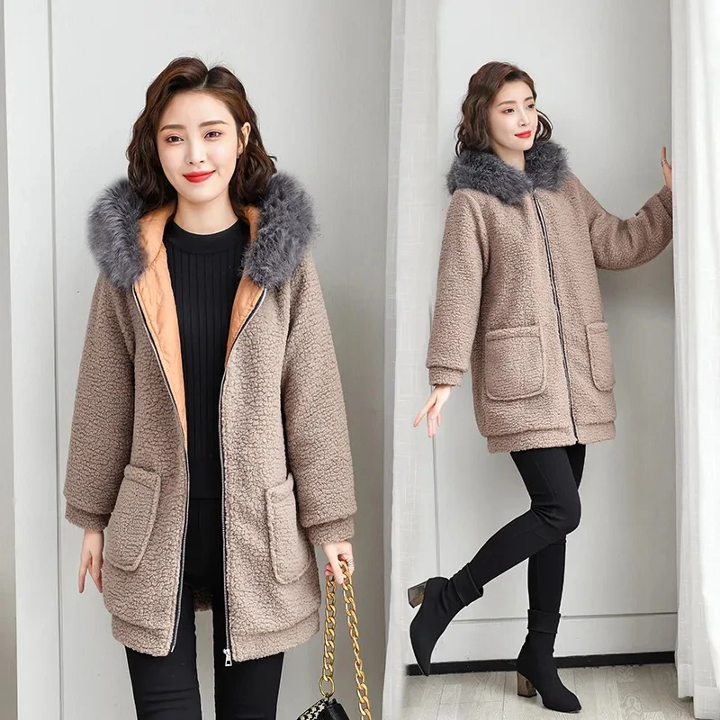 Faux Fur Coat Women Hooded Winter Jacket 2023 New Loose Oversize Grain Cashmere Lamb Wool Coats Female Long Warm Parkas 5XL