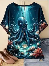 Women Wolf Pack Moon Forest Night Print T‑Shirt Starry Sky Aurora Wildlife O‑Neck Short Sleeve Tops