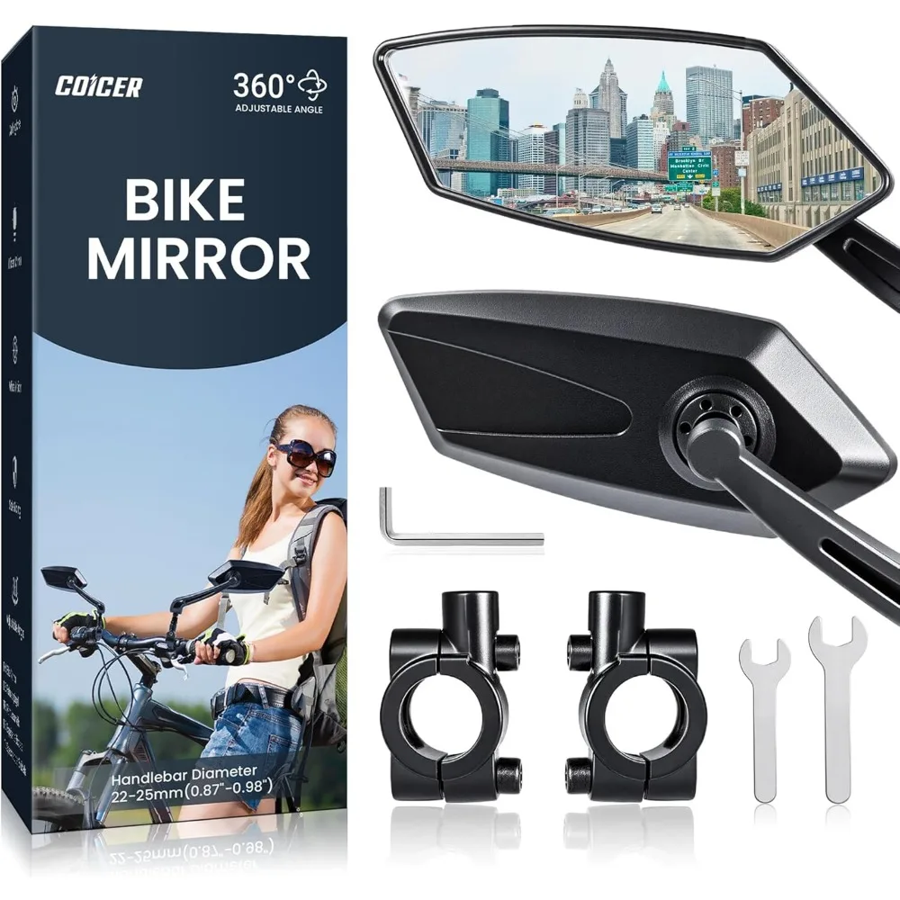 

2pcs Bike Mirror Handlebar Mount 360° Adjustable, Wide Rear View Mirror Bicycle Mirrors for Handlebars with Scratch Resistant Gl