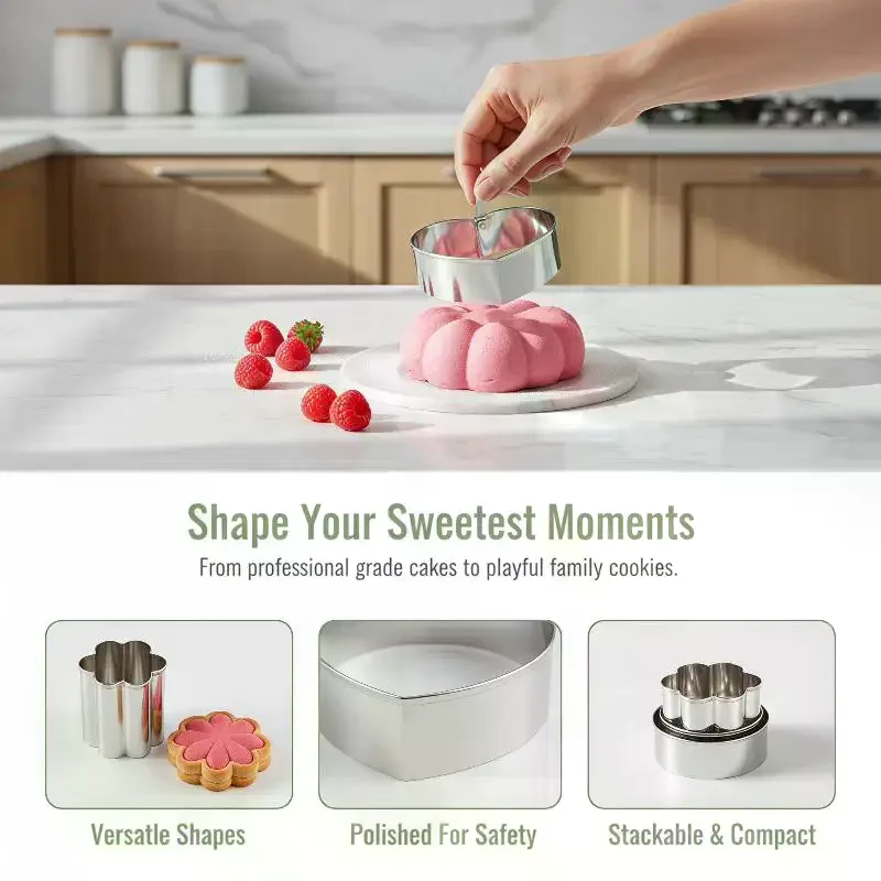 1/4 Pcs Stainless Steel Mousse Cake Ring Molds Multi Shapes With Press Plate Home Baking Pastry Lovers