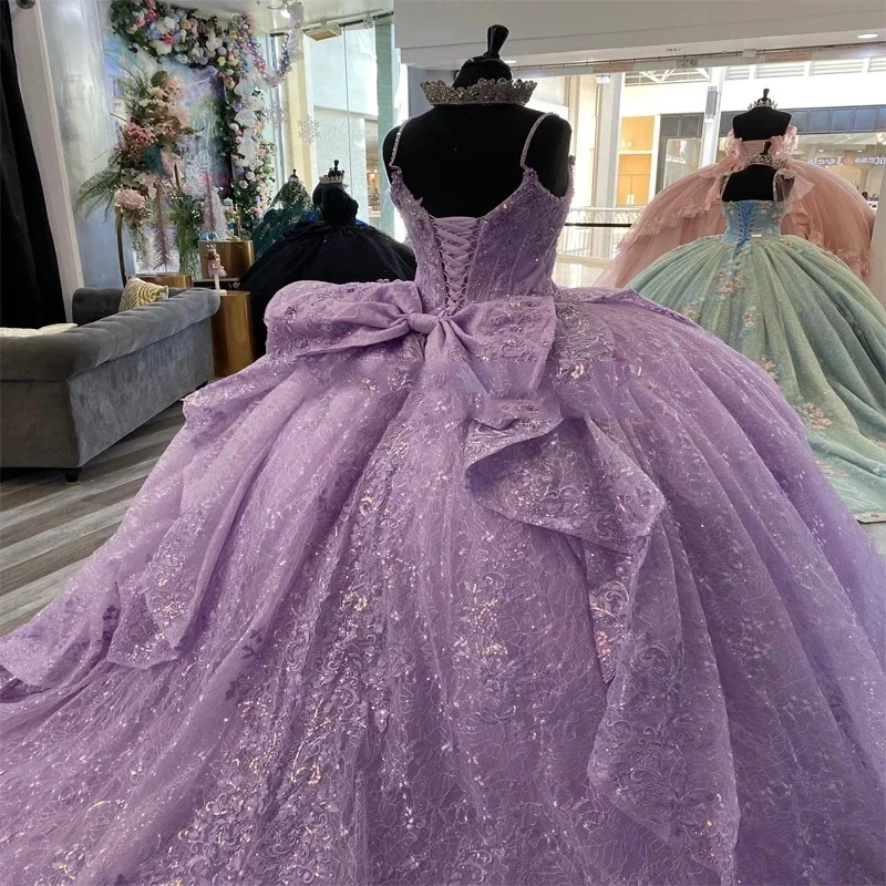 Exquisito vestido para quinceañeras de lavanda de México para niña, vestido de fiesta de cumpleaños con tirantes finos y cordones personalizado Popular