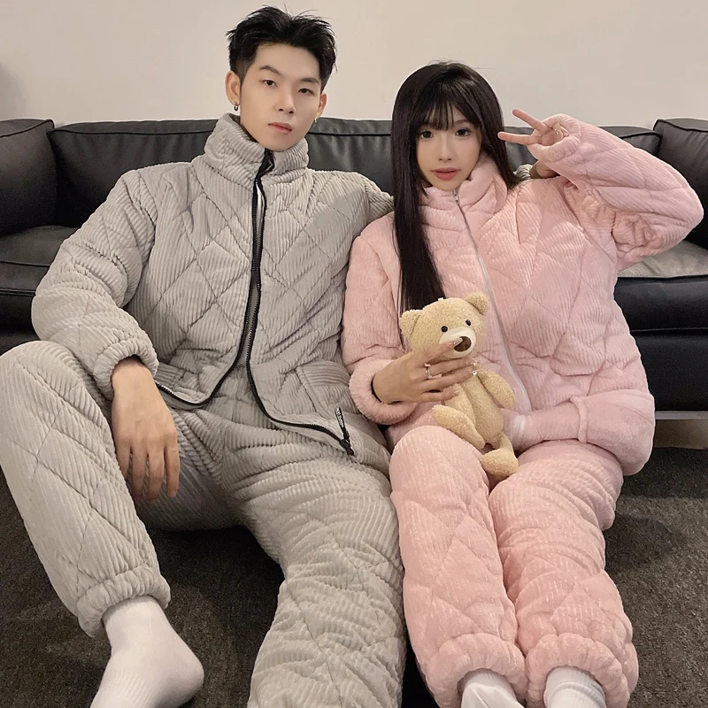 Couple's Thicken Pajamas Winter Warm Women's Sleepwear Men's Coral Velvet Zipper Pyjamas set Flannel Loungewear for Lovers