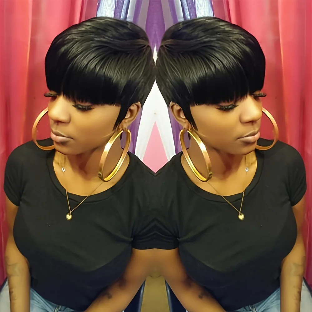 4 # 99J/1Bカラーのピクシーカットストレート人毛ウィッグ、女性用フルマシンメイドウィッグ、ショートレイヤードストレートウィッグ（前髪付き）