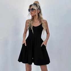 BKLD Women Clothing 2024 New Black Romper High Waist Loose Open Back Pocket Knitted Spaghetti Strap Shorts Jumpsuit One Pieces