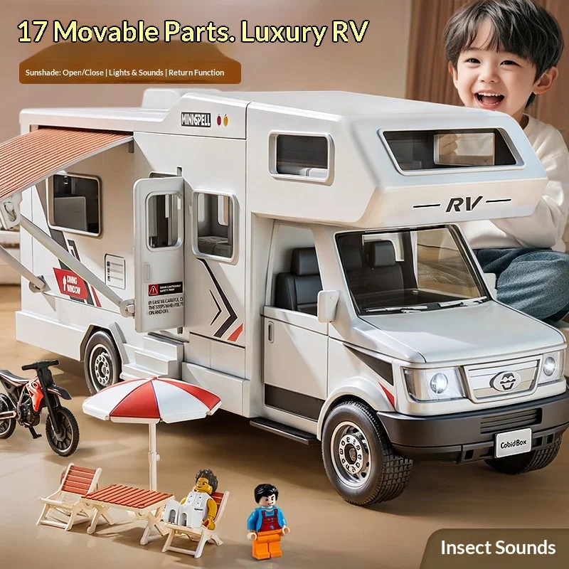 

Large Simulated Alloy Rv Toy Car Model 17 Movable Parts Lights And Sounds Openable Doors Awning Camping For Boys Kids