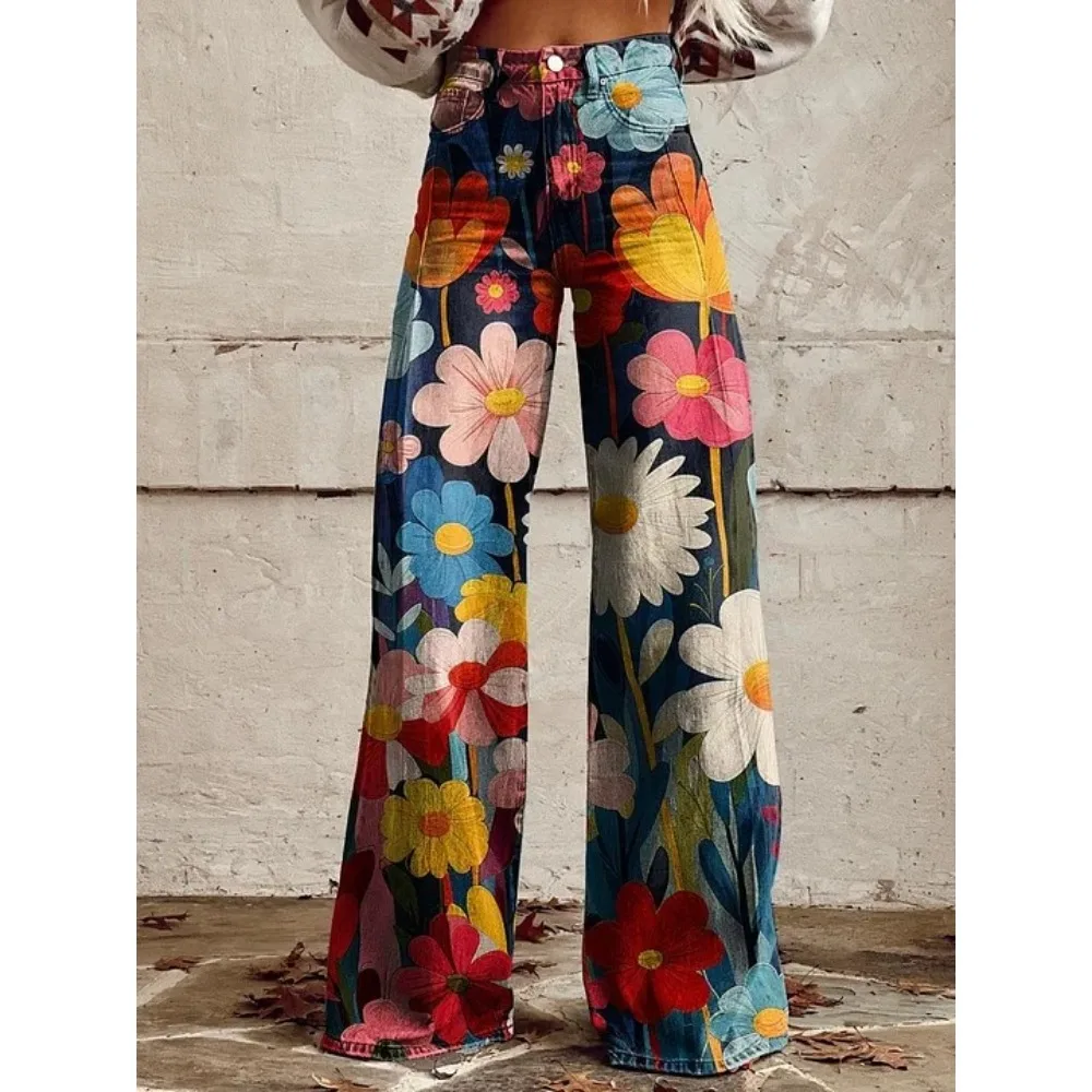 Damen Blaue Orientalische Pflaumenblüten-Druck Hose mit Hoher Taille und Weitem Bein Vintage Blumenmuster Y2K Ästhetik Lose Hose Retro Streetwear – Detail 10