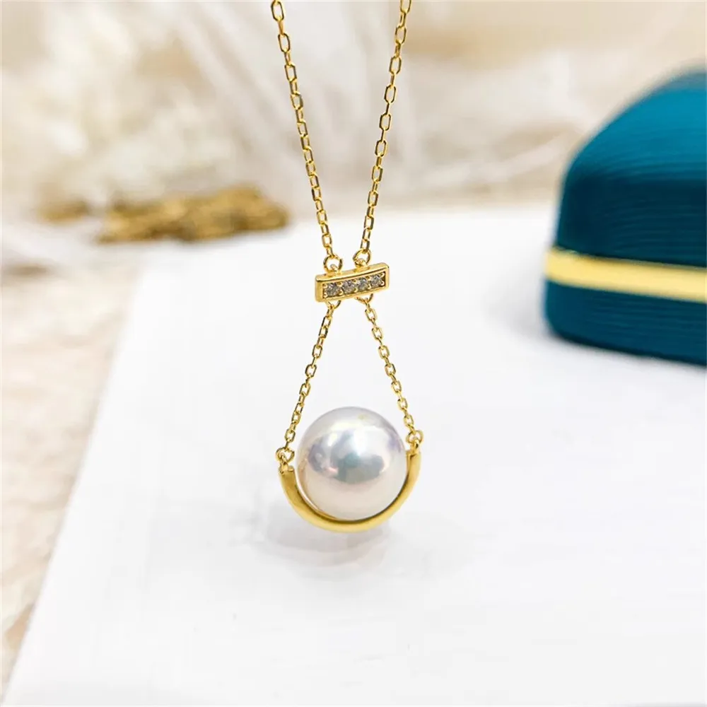 DIY Pearl Accessories S925 Sterling Silver Chain Empty Gold Silver Pendant with Silver Chain Fit 9-13mm Round Beads L027