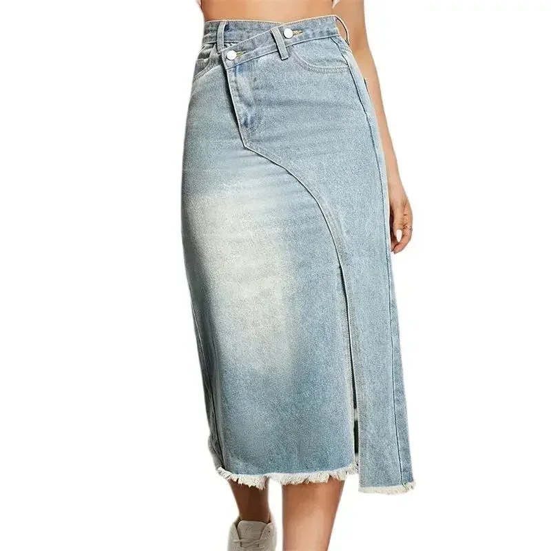 Women Vintage Split Hem Denim Skirt Female Irregular High Waist Button Patchwork Half-body Dress Summer Daily Casual Streetwear