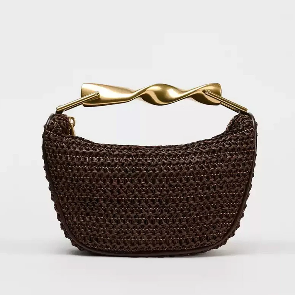 

Half Moon Woven Beach Bag Summer Rattan Straw Bags for Women Designer Shoulder Bags Metallic Handle Handbag Clutch Crossbody Bag