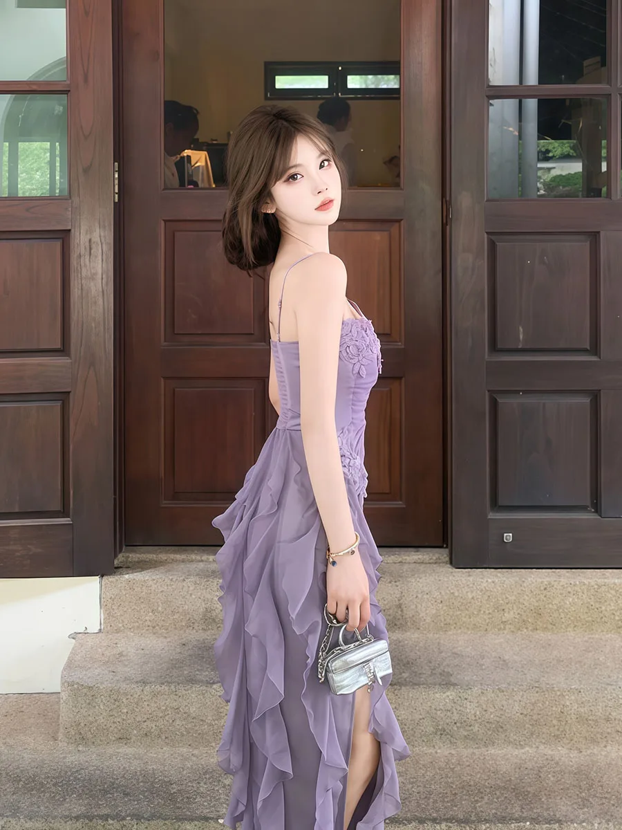 REDDACHiC Abito lungo fluido da donna con spacco in pizzo con giuntura elastica sul retro Abito da festa con volant irregolare Abiti estivi formali da ballo