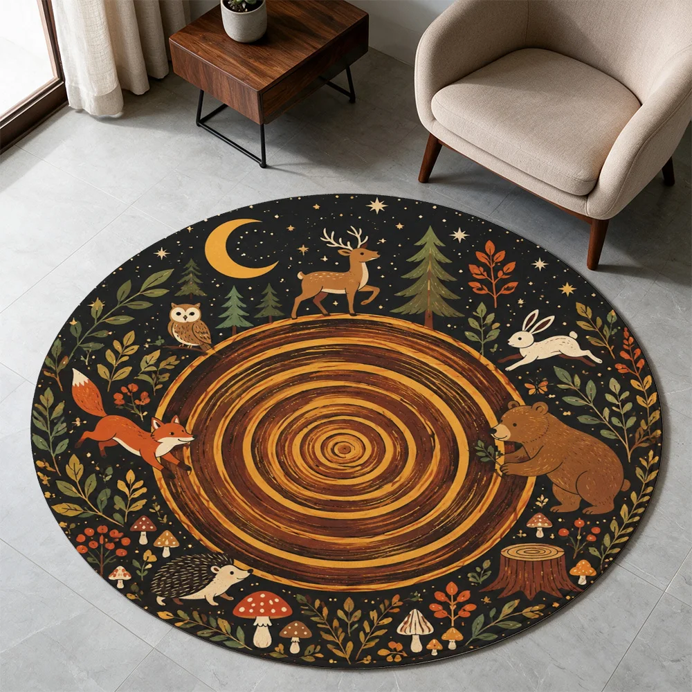 Forest Woodland Animals Round Area Rug Nursery Decor Cute Fox Deer Bear Rabbit Autumn Farmhouse Style Mat