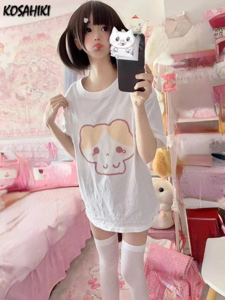 Y2k Aesthetic Summer White T-shirts 2024 Harajuku Short Sleeve Loose Oversize Tops Women Cartoon Cat Print Japanese Casual Tees