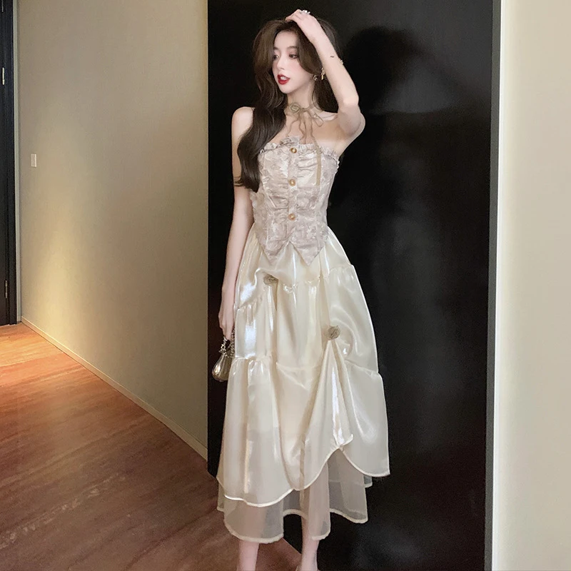 French Strapless Dress Women Summer New Fashion Vintage Floral Gauze Dresses Puffy Dress Elegant Slim Advanced Female's Clothing