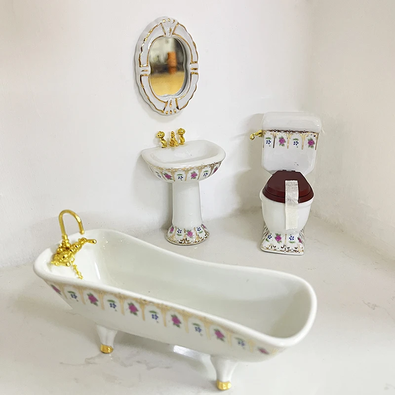 1/12 Dollhouse Simulation Washbasin Tub Toilet Model Dollhouse Bathroom Decor Dolls House Miniature Furniture Accessories
