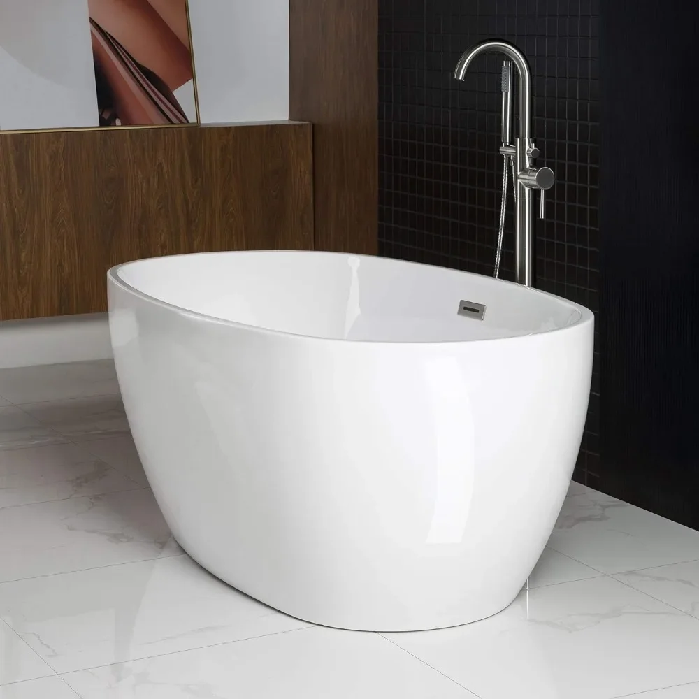 59"Freestanding White Acylic Soaking Bathtub with Brushed Nickel Drain and Overflow,BTA1518 -B/N-Drain &O