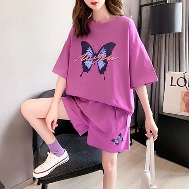 Women Loose Casual Fitness Plus Size Two Piece Sets Butterfly Printed Short Sleeve T-shirt Sportwear 2025 Summer New Sports