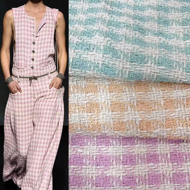 50x145cm Pink and White Lattice Yarn-Dyed Braided Tweed Fabric For Women Autumn Jacket Dress Suits Coat Handbag DIY Cloth Sewing