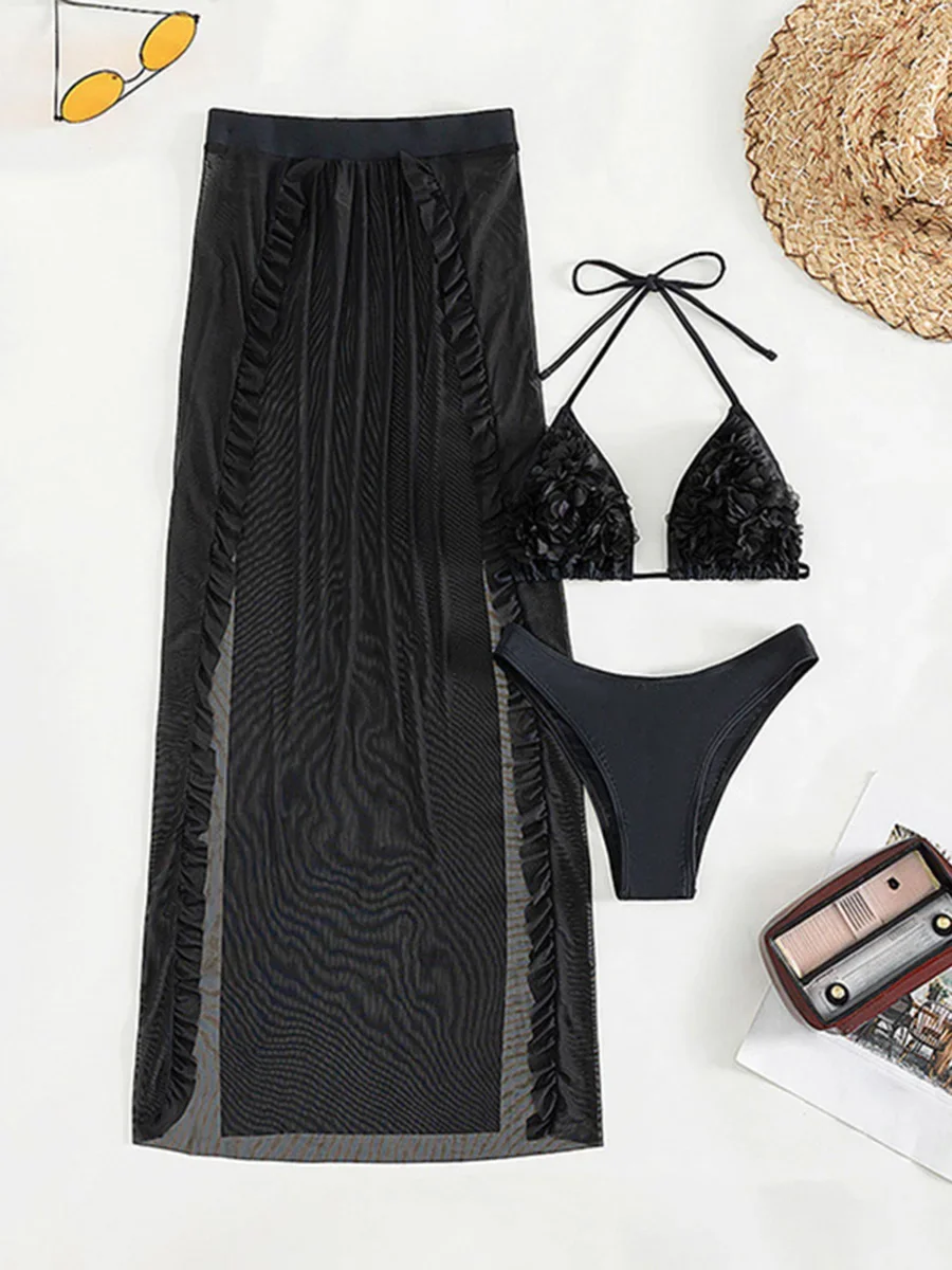 

3D Flowers Ruffled Halter Long Skirt Bikini Women Swimwear Female Swimsuit Three-pieces Bikini Set Bathing Suit Swim Beach Wear
