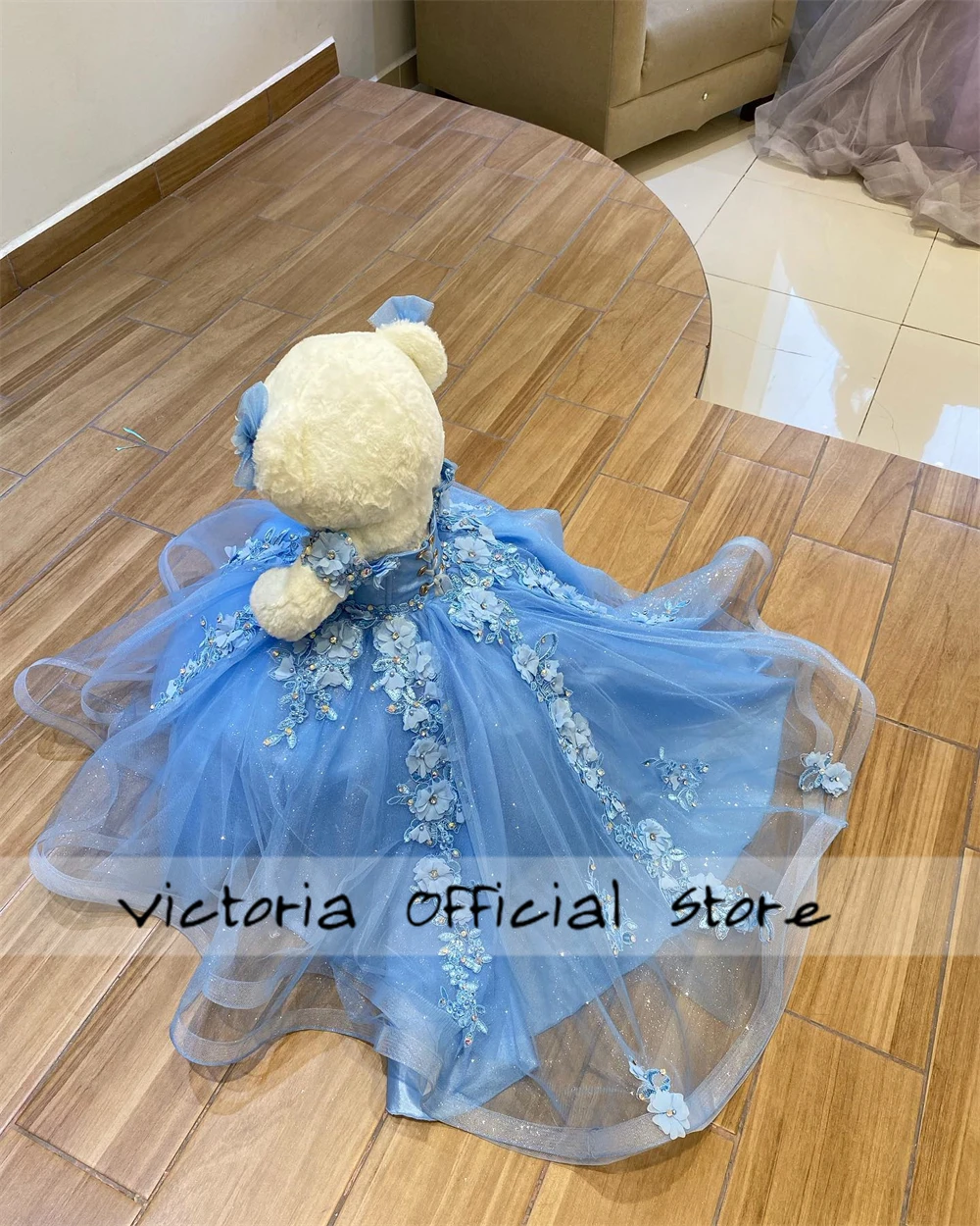 Blue Lace Flowers Personalized Quinceanera Teddy Bear Dress Sweetheart Lace Flowers Appliques Crystals Bead Off The Shoulder