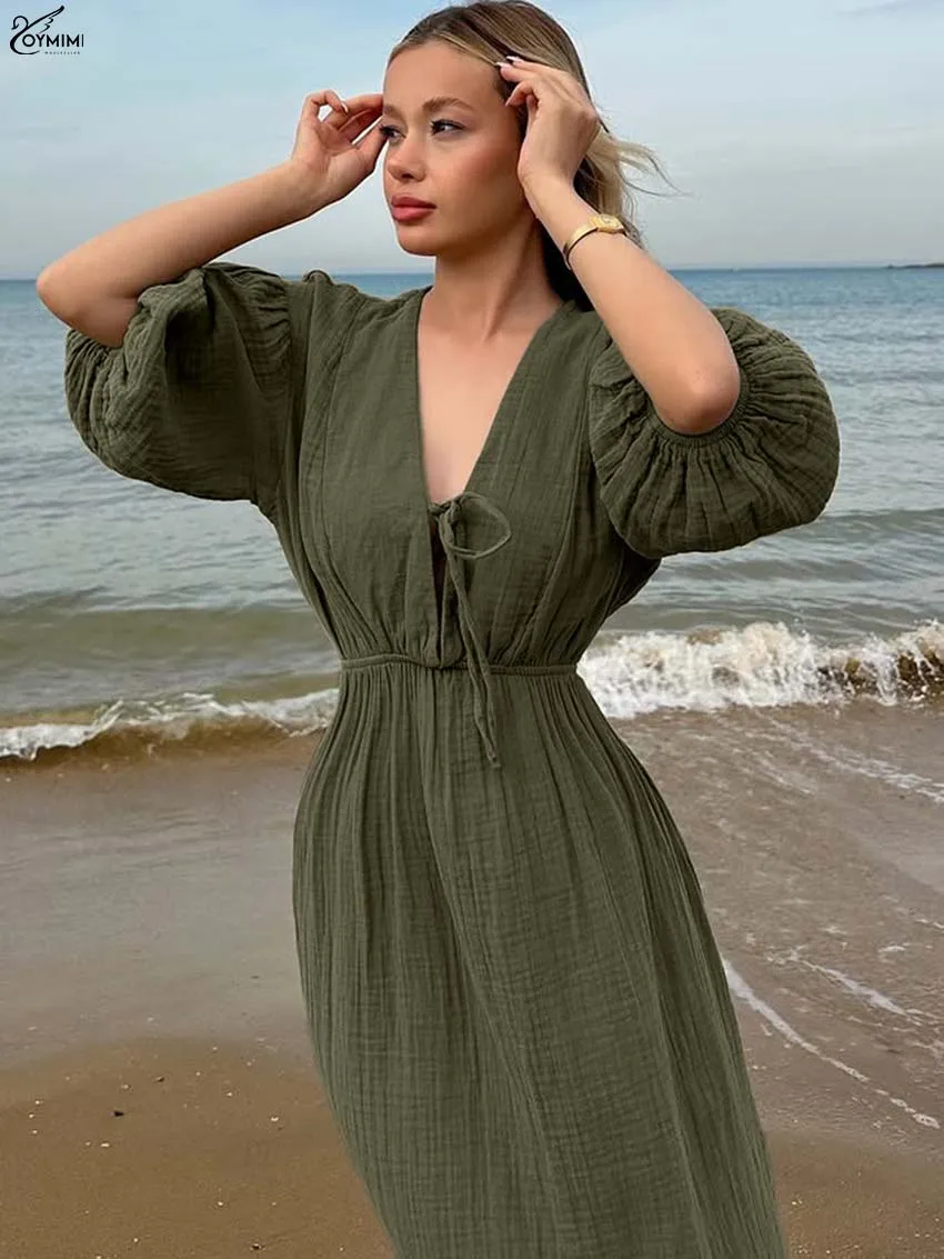 Oymimi-vestidos elegantes de algodón verde para mujer, vestidos con cordones y manga abombada con cuello en V, vestido informal holgado hasta el tobillo para mujer
