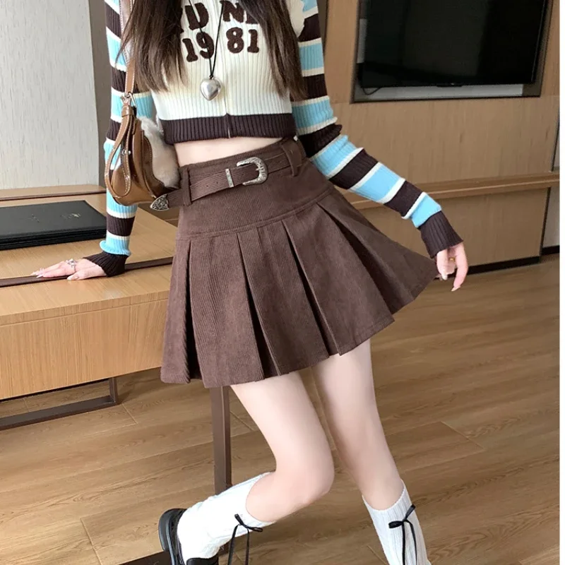 American Corduroy Pleated Skirts Female with Belt Anti-Exposure Solid Color Mini Skirts Korean Fashion High Waist Short Skirts