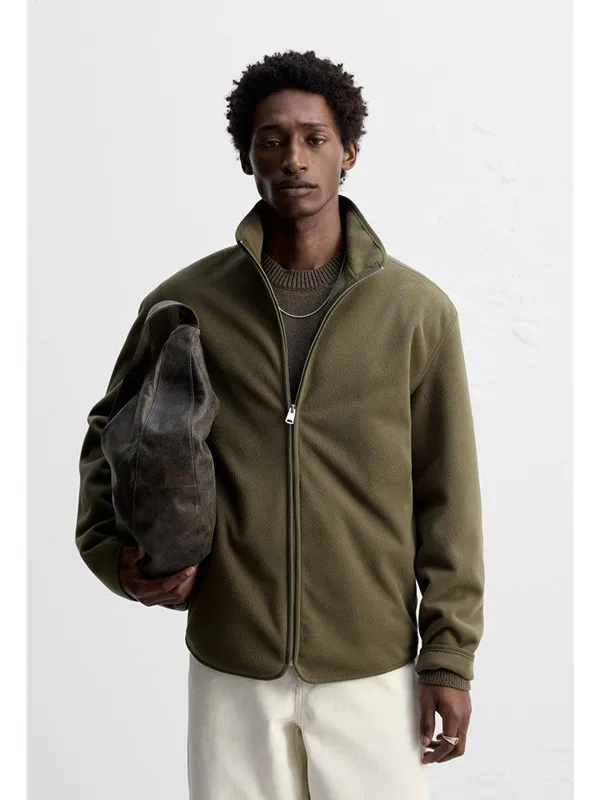 

Warm Fce Men's irt Jaet Zipper Slim Straight Collar Spring New Sle Casual Sle Long Sve Polyester Fiber Pure Color