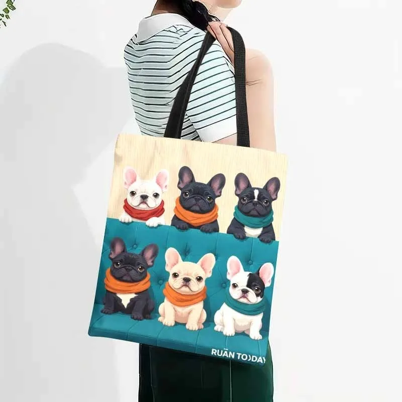 Four French Bulldog Puppies Pattern Tote Bag, Reusable Shopping Bag, Women's Shoulder Bags Lightweight Handbag