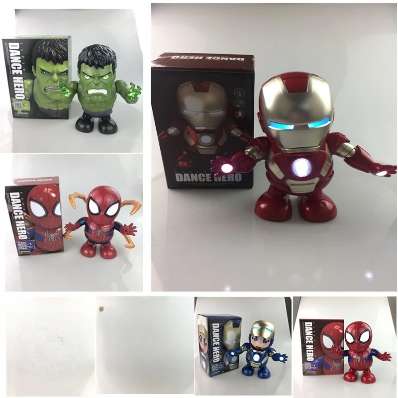 Marvel Iron Man figuras de acción de baile cantar luz Led Spiderman Robot modelo vengadores superhéroe Robots chico muñeca juguetes de cumpleaños regalos