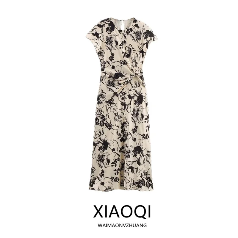 Ele Spring 2025 Damska Sukienka Midi z Jedwabiu Satynowego z Nadrukiem, Wszechstronna, Modna, Wygodna, Jednoczęściowa, Wysoka Jakość