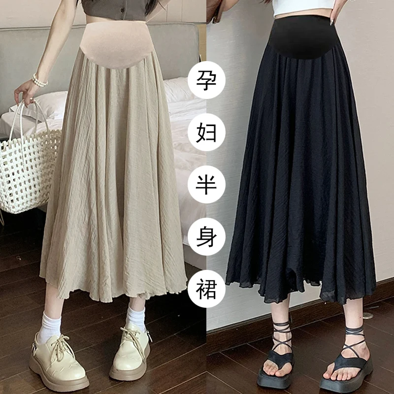 2303# Summer Casual Thin Linen Cool Maternity Skirts A Line Elastic Waist Belly Bottoms Clothes for Pregnant Women Pregnancy