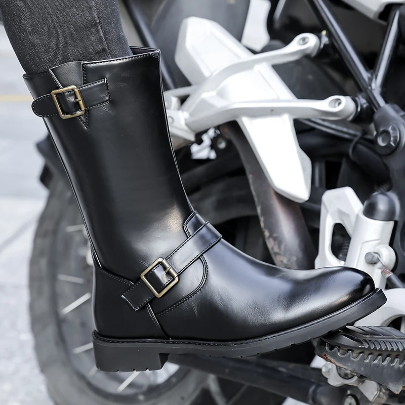 Men Black Mid Calf Boots Metal Buckle Side Zipper Slip Resistant Retro Daily Outdoor Fashion Comfort Walking Boots